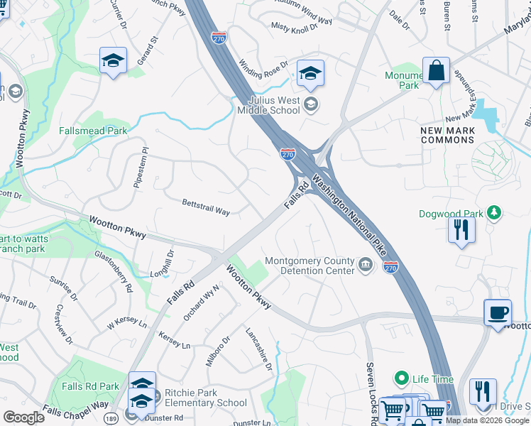map of restaurants, bars, coffee shops, grocery stores, and more near 1101 Fallsmead Way in Rockville