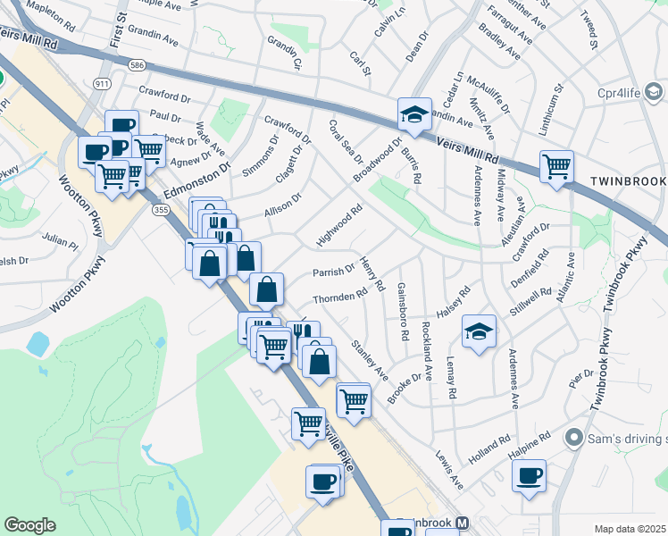 map of restaurants, bars, coffee shops, grocery stores, and more near 1124 Parrish Drive in Rockville