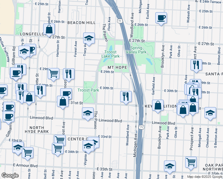 map of restaurants, bars, coffee shops, grocery stores, and more near 3000 Wayne Avenue in Kansas City