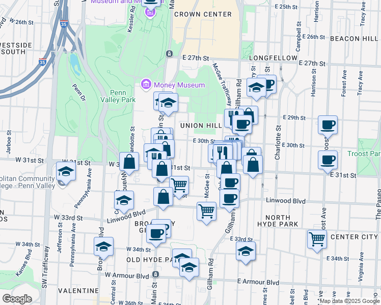 map of restaurants, bars, coffee shops, grocery stores, and more near 3019 Grand Avenue in Kansas City
