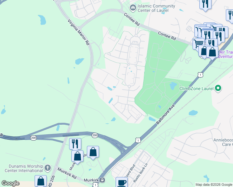 map of restaurants, bars, coffee shops, grocery stores, and more near 7200 Winterfield Terrace in Laurel