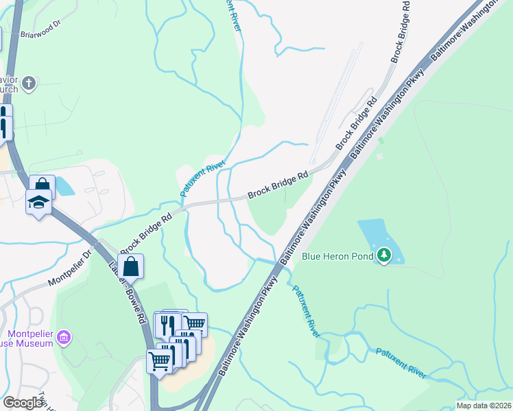 map of restaurants, bars, coffee shops, grocery stores, and more near 577 Brock Bridge Road in Laurel