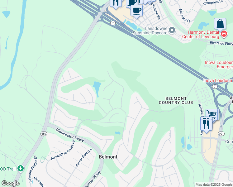 map of restaurants, bars, coffee shops, grocery stores, and more near 19668 Stanford Hall Place in Ashburn