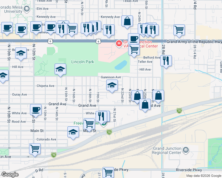 map of restaurants, bars, coffee shops, grocery stores, and more near 2020 Ouray Avenue in Grand Junction