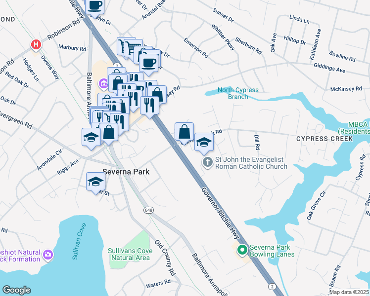 map of restaurants, bars, coffee shops, grocery stores, and more near 651 Ritchie Highway in Severna Park