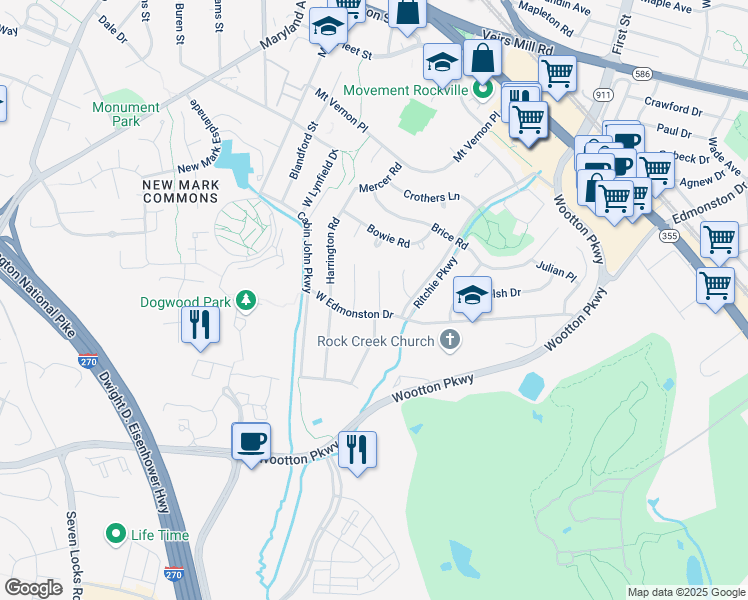 map of restaurants, bars, coffee shops, grocery stores, and more near 715 Carter Road in Rockville