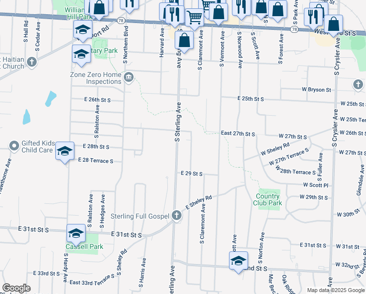 map of restaurants, bars, coffee shops, grocery stores, and more near 2715 South Sterling Avenue in Independence