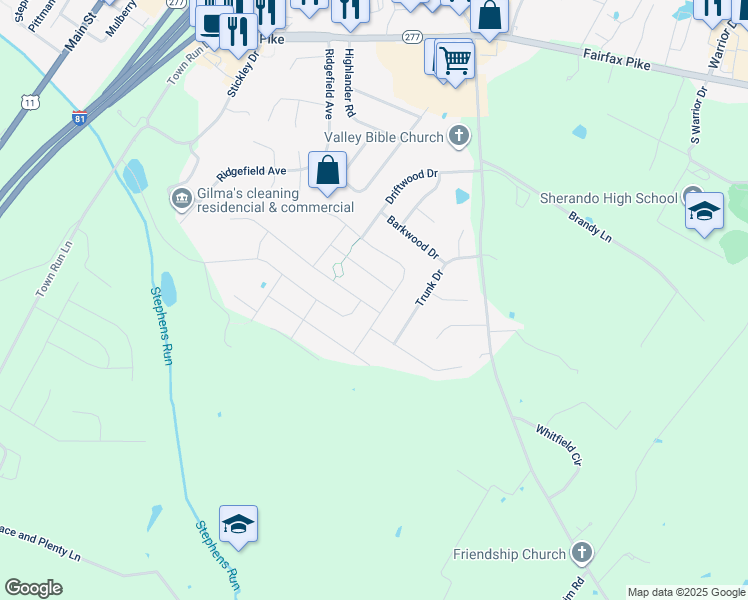map of restaurants, bars, coffee shops, grocery stores, and more near 157 Dollie Mae Lane in Stephens City