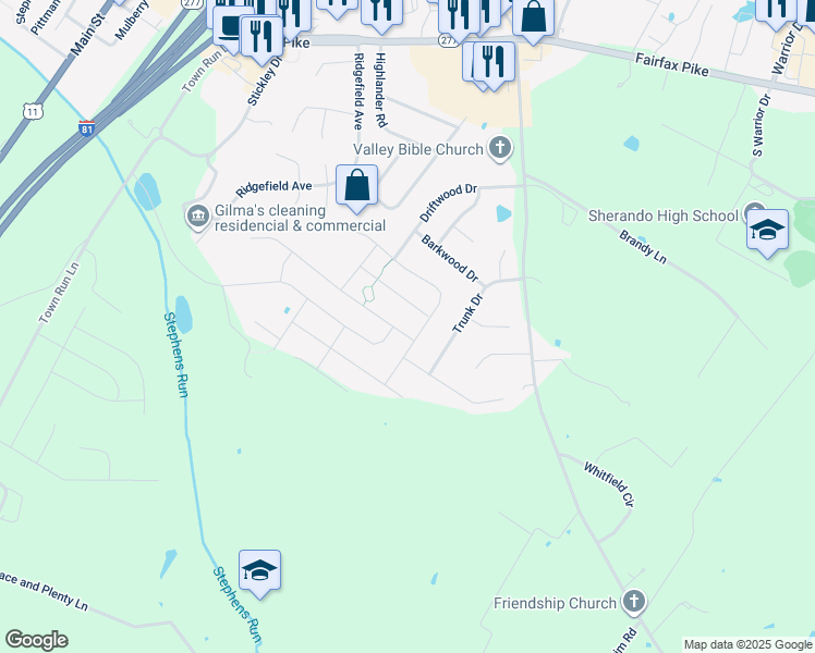 map of restaurants, bars, coffee shops, grocery stores, and more near 157 Dollie Mae Lane in Stephens City