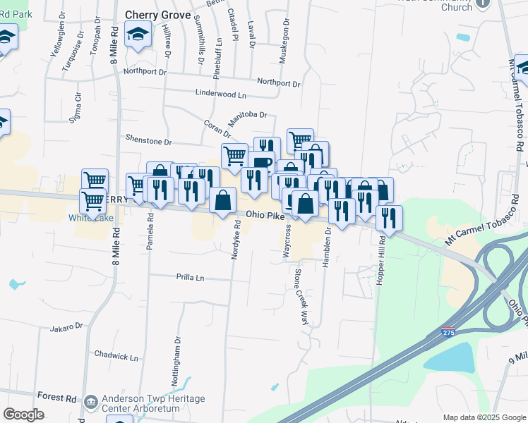 map of restaurants, bars, coffee shops, grocery stores, and more near 8680 Beechmont Ave in Cincinnati