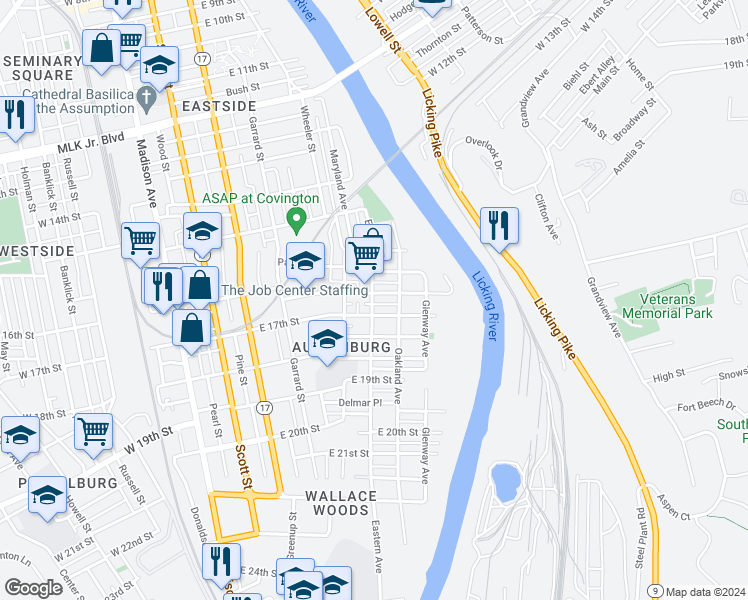 map of restaurants, bars, coffee shops, grocery stores, and more near 513 East 16th Street in Covington
