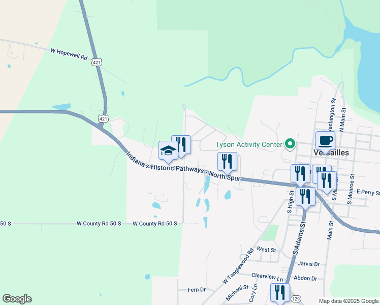 map of restaurants, bars, coffee shops, grocery stores, and more near 203 Gaslight Drive in Versailles