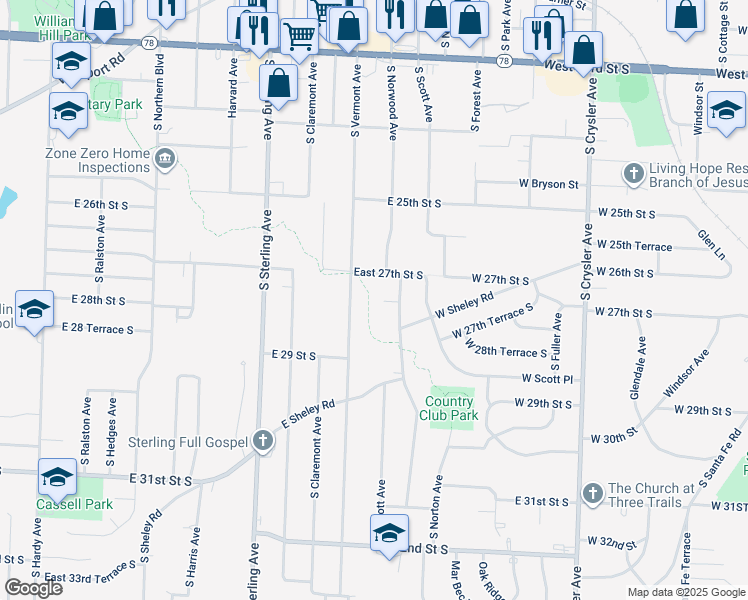 map of restaurants, bars, coffee shops, grocery stores, and more near 11418 East 27th Terrace South in Independence
