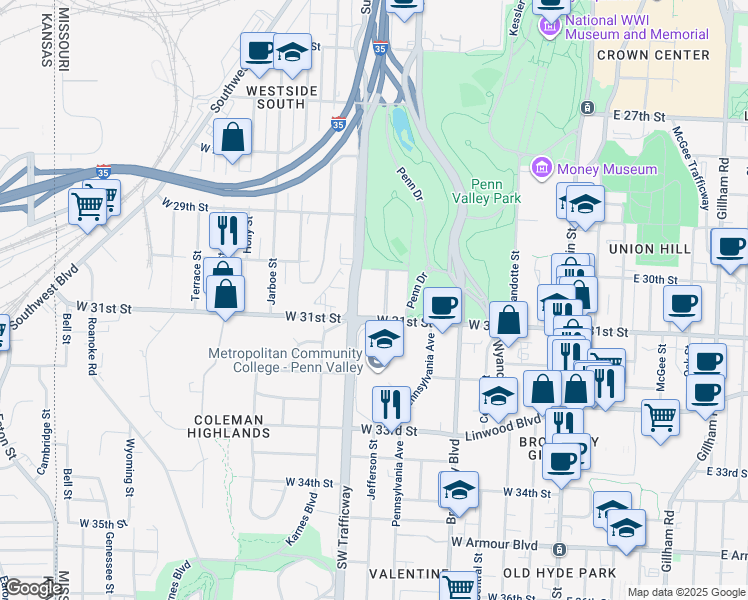 map of restaurants, bars, coffee shops, grocery stores, and more near 700 West 31st Street in Kansas City