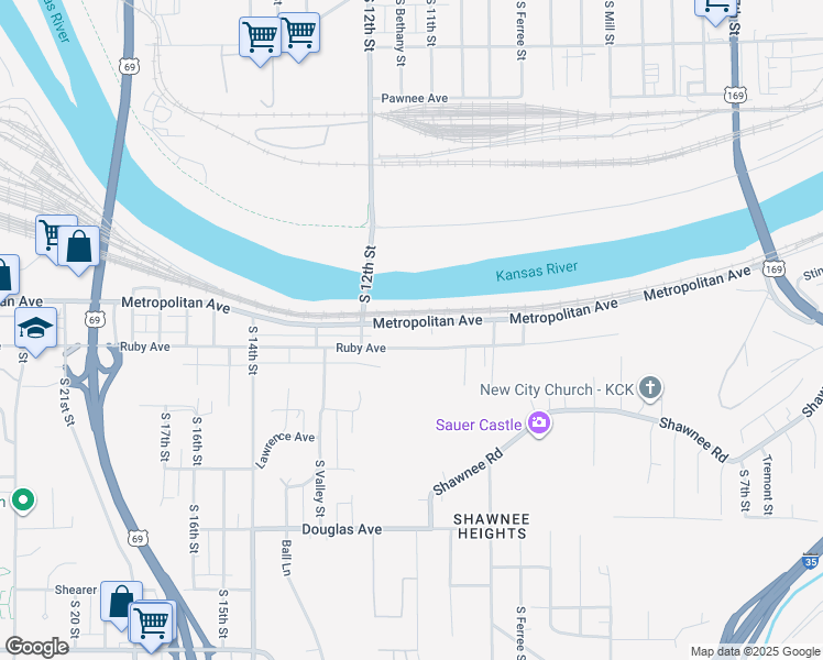 map of restaurants, bars, coffee shops, grocery stores, and more near 1113 Metropolitan Avenue in Kansas City