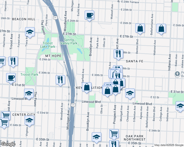 map of restaurants, bars, coffee shops, grocery stores, and more near 2206 East 30th Street in Kansas City