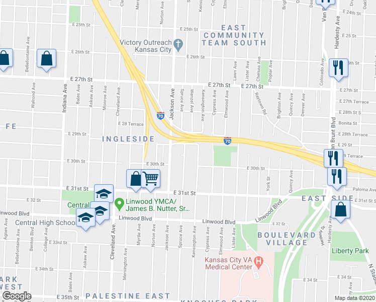 map of restaurants, bars, coffee shops, grocery stores, and more near 2923 Spruce Avenue in Kansas City