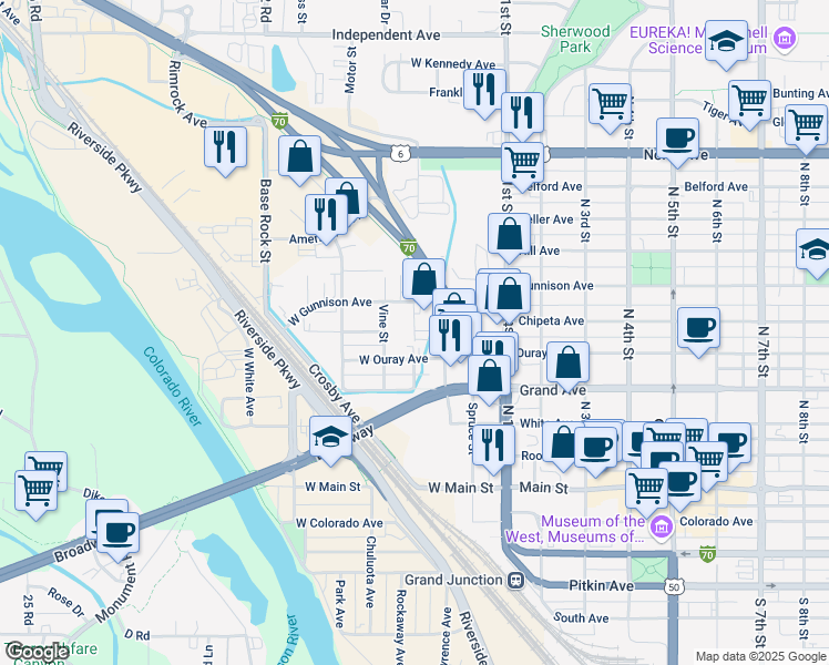map of restaurants, bars, coffee shops, grocery stores, and more near 501 Peach Street in Grand Junction
