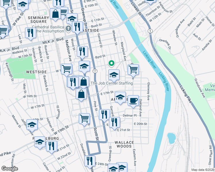 map of restaurants, bars, coffee shops, grocery stores, and more near 1600 Garrard Street in Covington