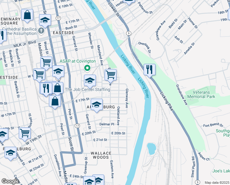 map of restaurants, bars, coffee shops, grocery stores, and more near 513 East 16th Street in Covington