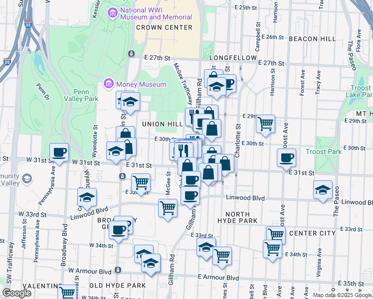 map of restaurants, bars, coffee shops, grocery stores, and more near 3015 Oak Street in Kansas City