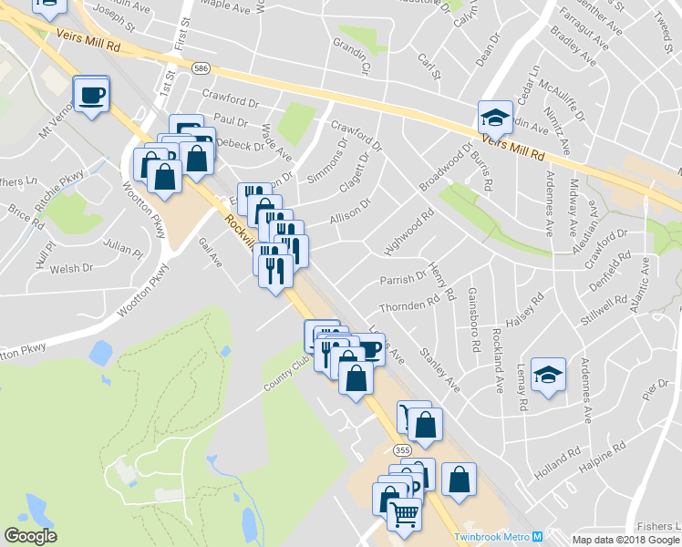 map of restaurants, bars, coffee shops, grocery stores, and more near 1102 Highwood Road in Rockville