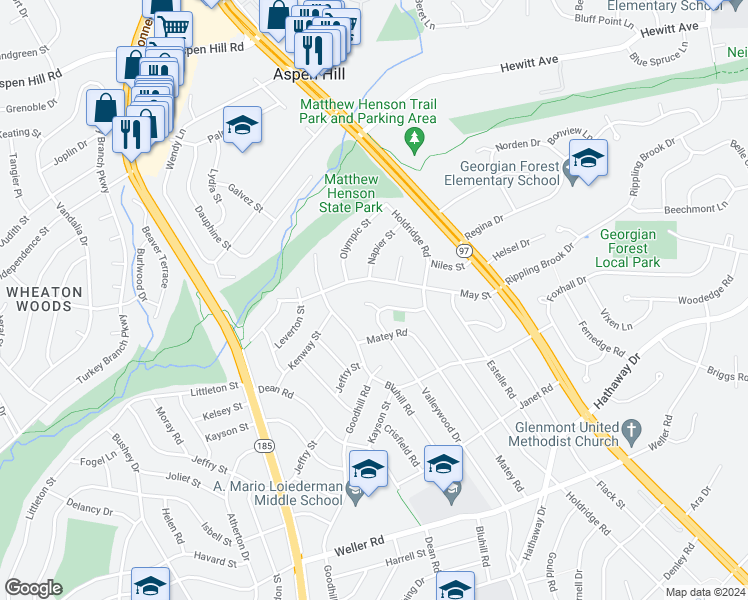 map of restaurants, bars, coffee shops, grocery stores, and more near 13120 Valleywood Court in Silver Spring