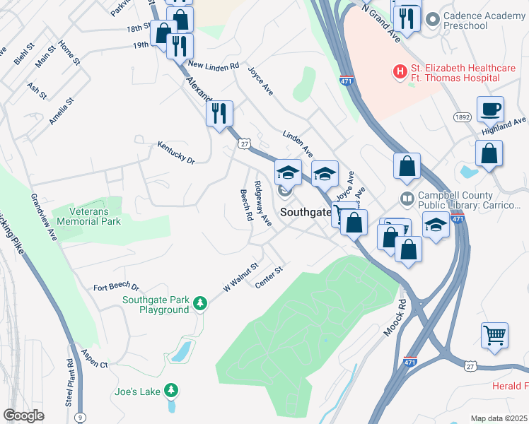 map of restaurants, bars, coffee shops, grocery stores, and more near 228 Ridgeway Avenue in Southgate