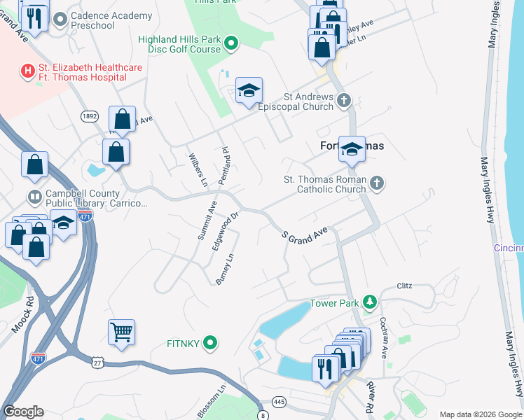 map of restaurants, bars, coffee shops, grocery stores, and more near 504 South Grand Avenue in Fort Thomas