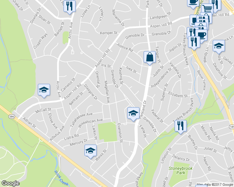 map of restaurants, bars, coffee shops, grocery stores, and more near 13109 Evanston Street in Rockville