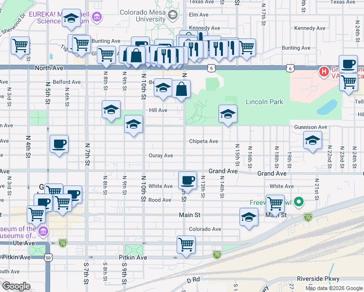 map of restaurants, bars, coffee shops, grocery stores, and more near 555 North 12th Street in Grand Junction