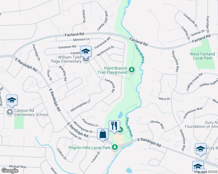map of restaurants, bars, coffee shops, grocery stores, and more near 1409 Caitlin Court in Silver Spring