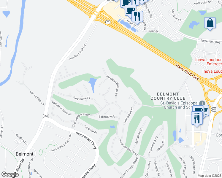 map of restaurants, bars, coffee shops, grocery stores, and more near 19668 Stanford Hall Place in Ashburn