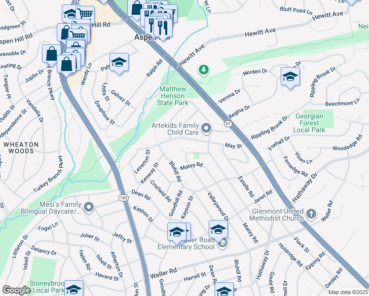 map of restaurants, bars, coffee shops, grocery stores, and more near 13120 Valleywood Court in Silver Spring