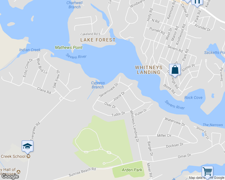 map of restaurants, bars, coffee shops, grocery stores, and more near 1151 Severnview Drive in Crownsville