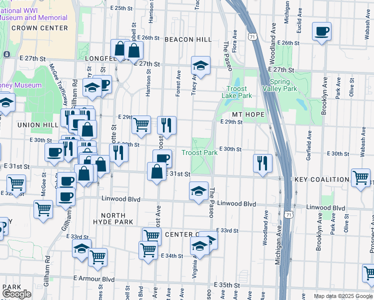 map of restaurants, bars, coffee shops, grocery stores, and more near 3000 Tracy Ave in Kansas City