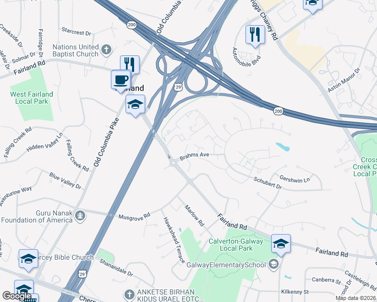 map of restaurants, bars, coffee shops, grocery stores, and more near 13111 Brahms Terrace in Silver Spring