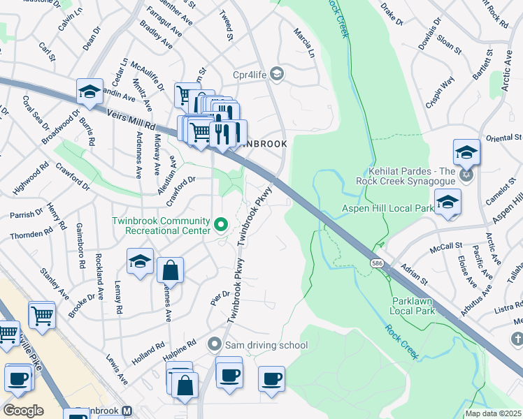 map of restaurants, bars, coffee shops, grocery stores, and more near 13201 Twinbrook Parkway in Rockville