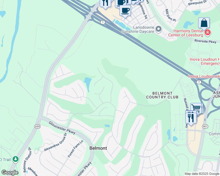 map of restaurants, bars, coffee shops, grocery stores, and more near 19639 Saratoga Springs Place in Ashburn