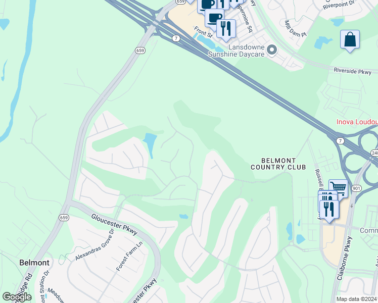 map of restaurants, bars, coffee shops, grocery stores, and more near 19639 Saratoga Springs Place in Ashburn