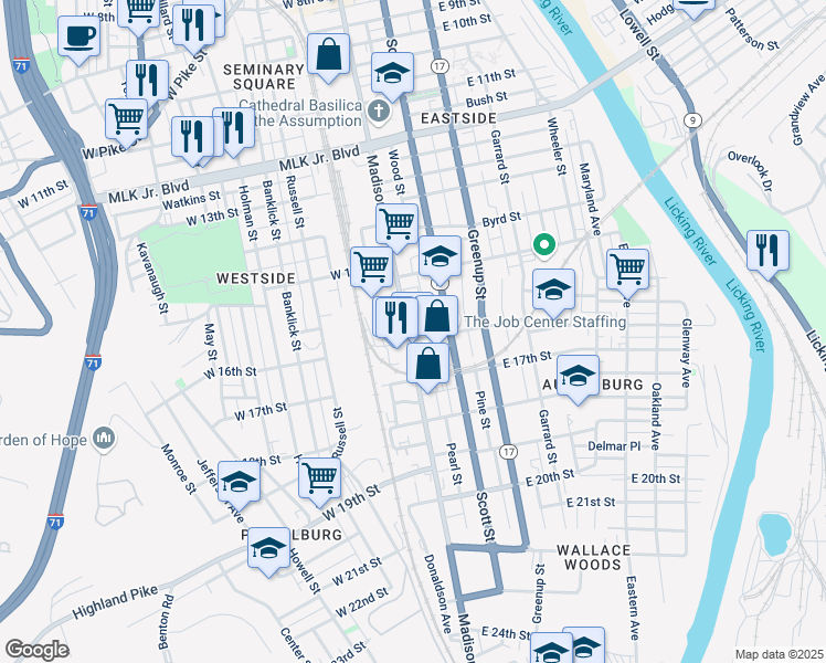 map of restaurants, bars, coffee shops, grocery stores, and more near 1558 Madison Avenue in Covington