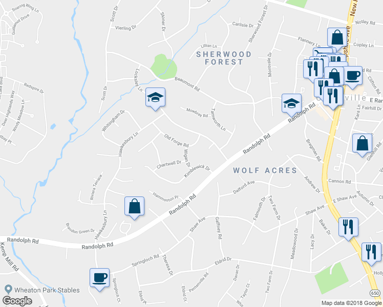 map of restaurants, bars, coffee shops, grocery stores, and more near 13109 Wigan Drive in Silver Spring