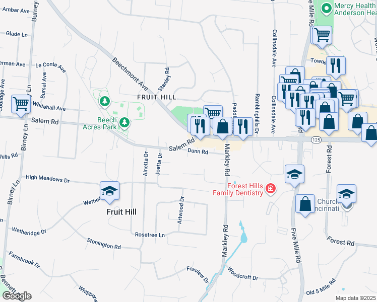 map of restaurants, bars, coffee shops, grocery stores, and more near 7117 Dunn Road in Cincinnati