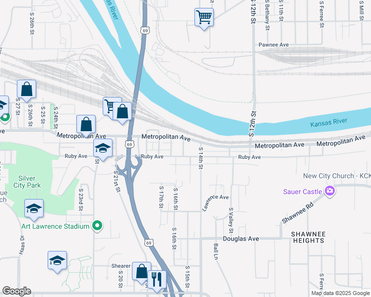 map of restaurants, bars, coffee shops, grocery stores, and more near 1521 South 15th Street in Kansas City