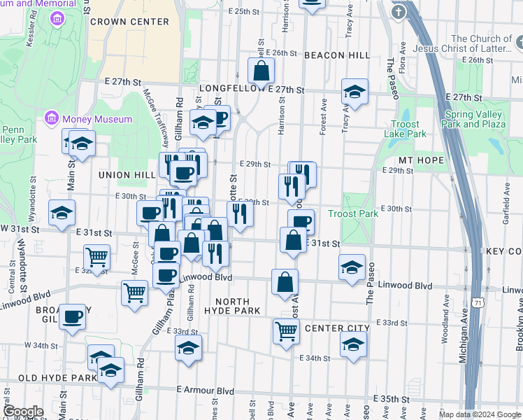 map of restaurants, bars, coffee shops, grocery stores, and more near 3007 Campbell Street in Kansas City
