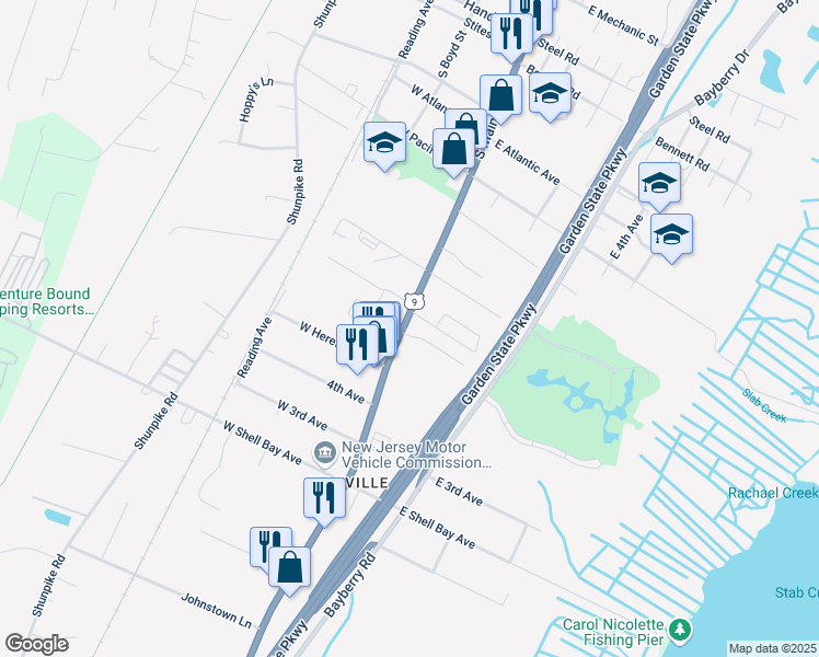 map of restaurants, bars, coffee shops, grocery stores, and more near 614 South Main Street in Cape May County