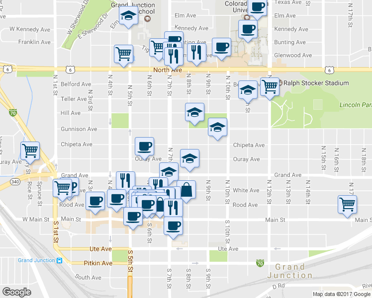 map of restaurants, bars, coffee shops, grocery stores, and more near 755 Chipeta Avenue in Grand Junction