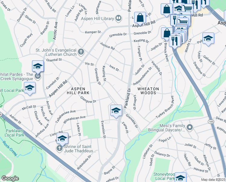 map of restaurants, bars, coffee shops, grocery stores, and more near 4420 Hallet St in Rockville