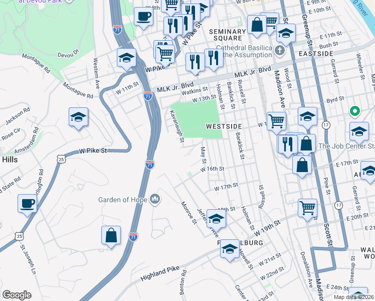 map of restaurants, bars, coffee shops, grocery stores, and more near 435 Linden Avenue in Covington