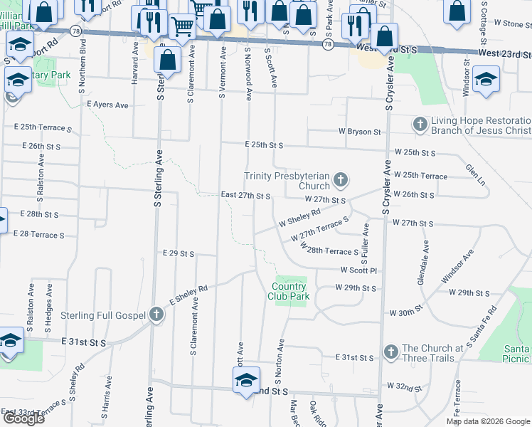 map of restaurants, bars, coffee shops, grocery stores, and more near 2708 South Scott Avenue in Independence